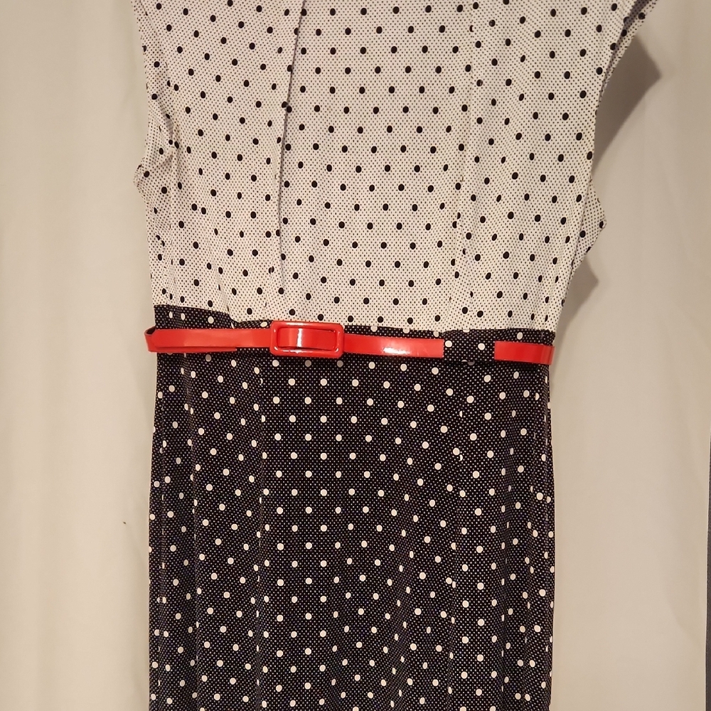 Connected Apparel Black and White Polka Dot Midi Dress with Red Belt